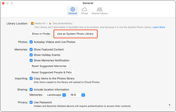 Photos Settings with Use as System Photo Library button highlighted