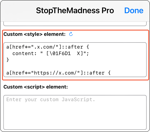 StopTheMadness Pro preferences window on iOS