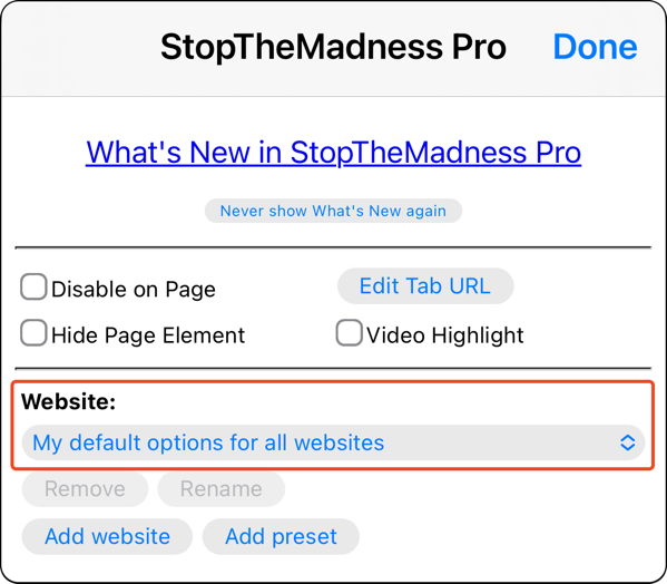 StopTheMadness Pro preferences window on iOS