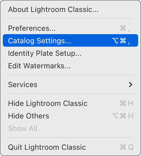 Lightroom Classic menu with Catalog Settings collected