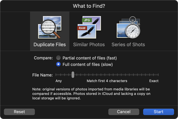 PhotoSweeper Duplicate Files settings