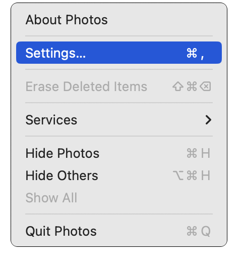 Photos menu with Settings selected