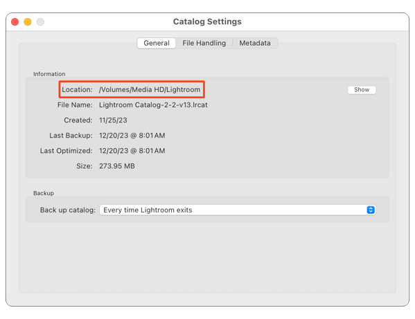 Lightroom Catalog Settings window