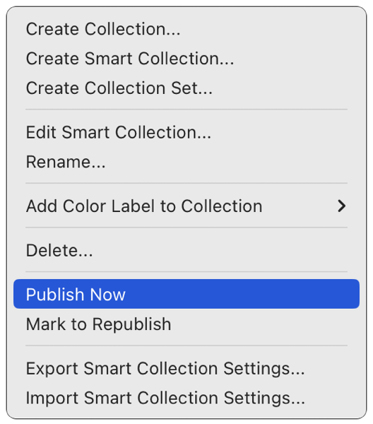 Lightroom menu with Publish Now selected