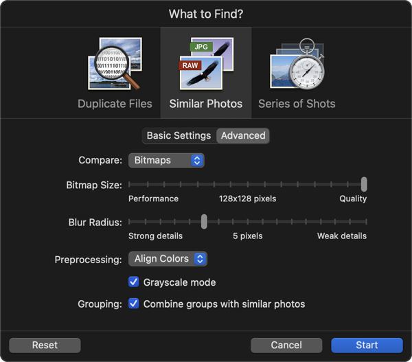 PhotoSweeper Similar Photos advanced settings