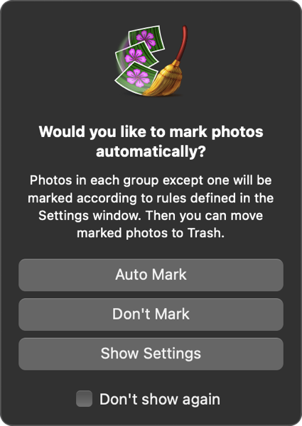 PhotoSweeper dialog showing auto-mark options