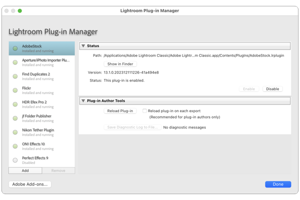 Lightroom Plug-in Manager window