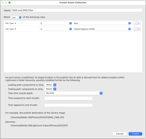 Smart Collection settings for RAW and DNG files