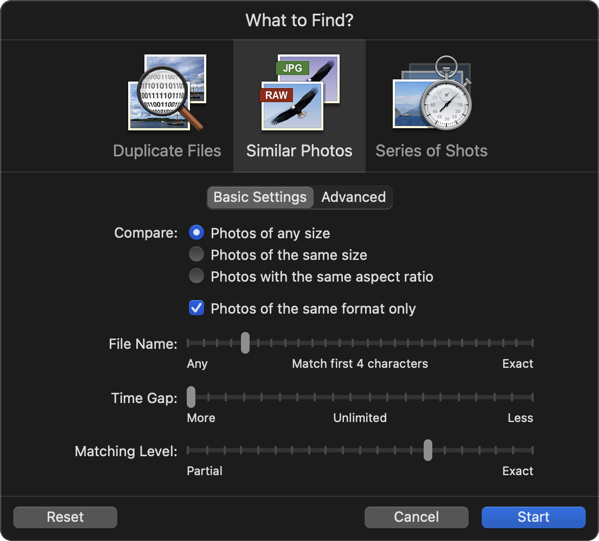PhotoSweeper Similar Photos basic settings