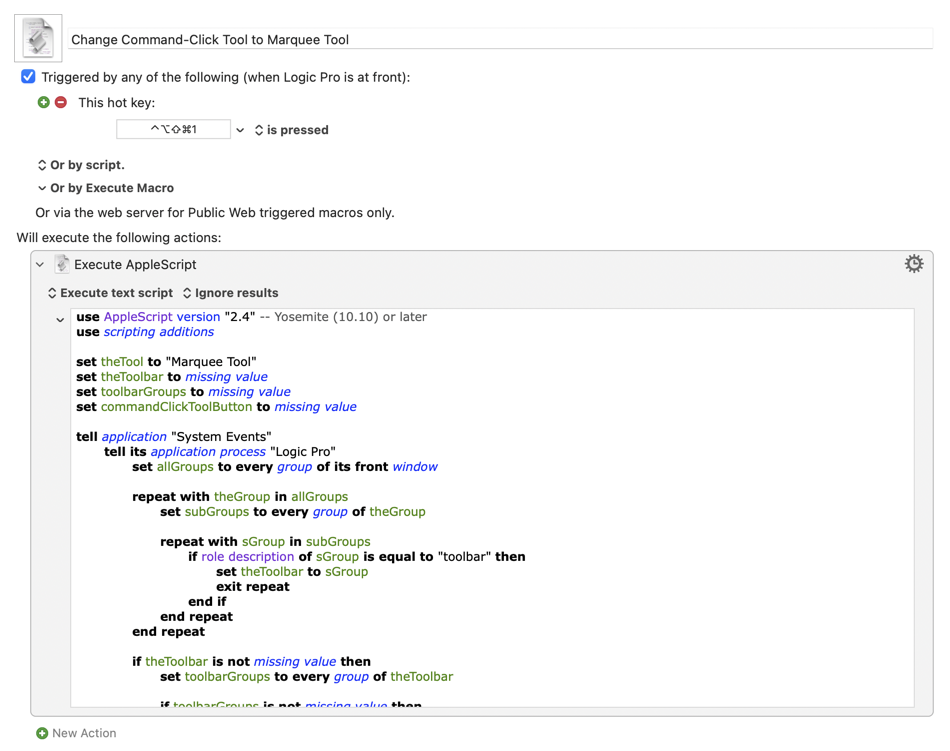 Screenshot of a Keyboard Maestro macro showing a script for changing Logic Pro's Command-click tool to the Marquee tool.